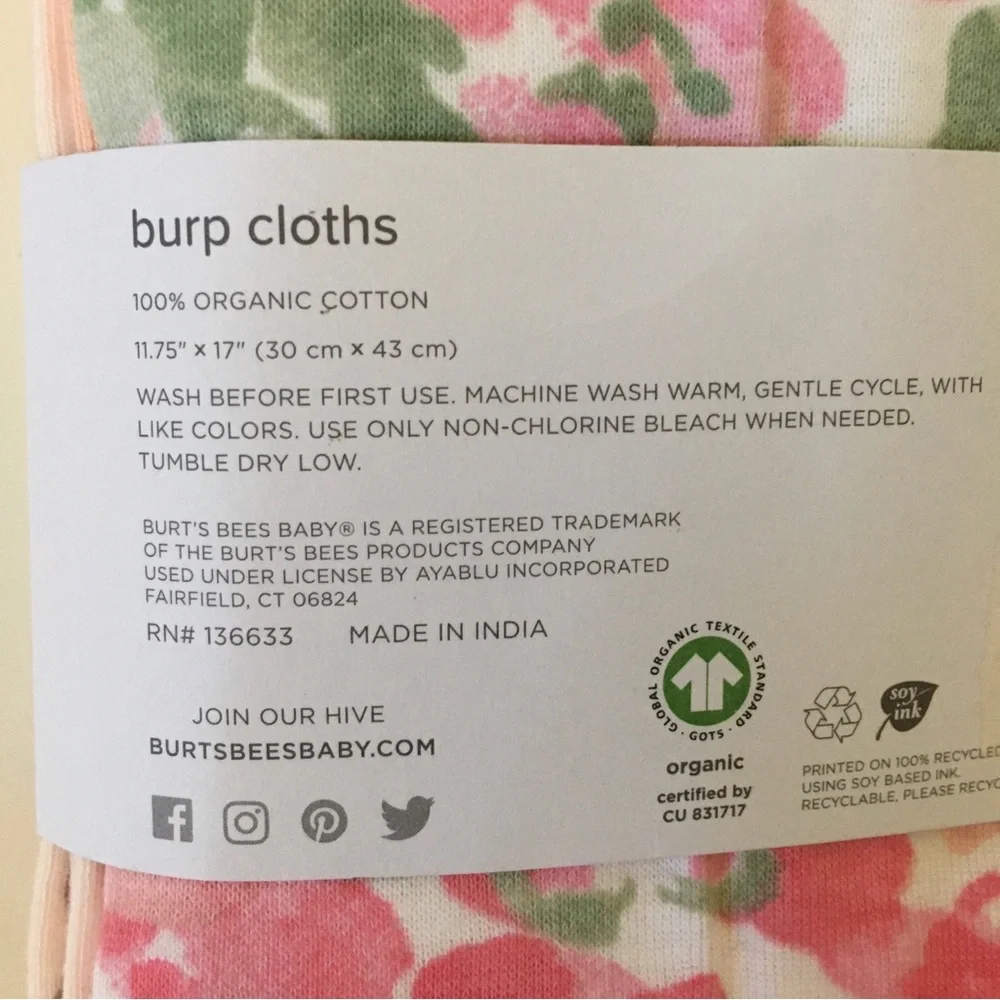 NEW 5 Burp Cloths 100% Organic Cotton Floral Pink White | Burt’s Bees
